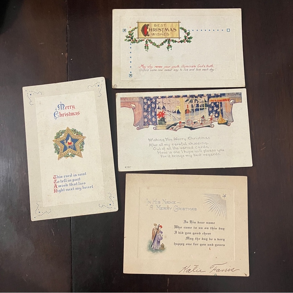 Lot of 4 Antique 1920s Christmas Christian Greeting Cards / Postcards Religious